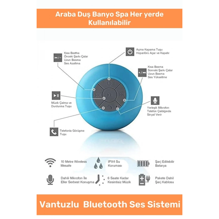 Deluxe Serisi Vantuzlu Su Geçirmez Şarjlı Mini Bluetooth Özellikli Beyaz Duş Kamp Sahil Hoparlörü