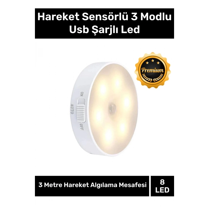 Özel Üretim Mıknatıslı 3 Mod Pratik Hareket Sensörlü 8 Ledli Usb Şarjlı Beyaz Işık Gece Lambası