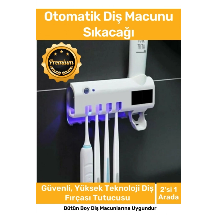 Premium Usb Şarjlı Güneş Enerjili Otomatik Diş Macun Sıkacağı Sterilizatörlü 4 Adet Fırçalığı Tutucu