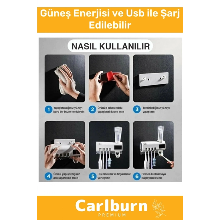 Premium Usb Şarjlı Güneş Enerjili Otomatik Diş Macun Sıkacağı Sterilizatörlü 4 Adet Fırçalığı Tutucu