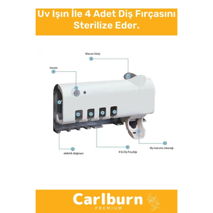 Premium Usb Şarjlı Güneş Enerjili Otomatik Diş Macun Sıkacağı Sterilizatörlü 4 Adet Fırçalığı Tutucu