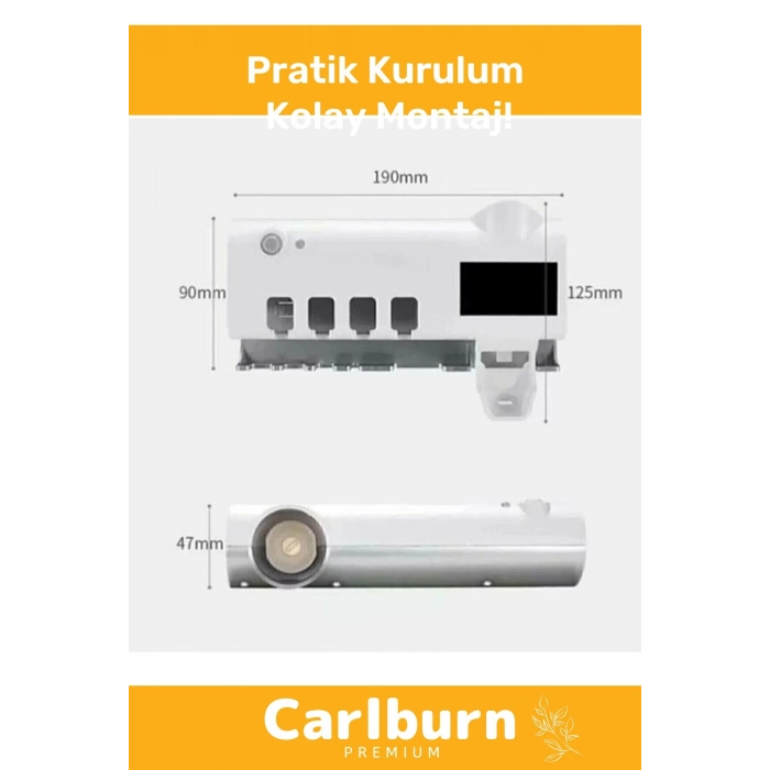 Premium Usb Şarjlı Güneş Enerjili Otomatik Diş Macun Sıkacağı Sterilizatörlü 4 Adet Fırçalığı Tutucu