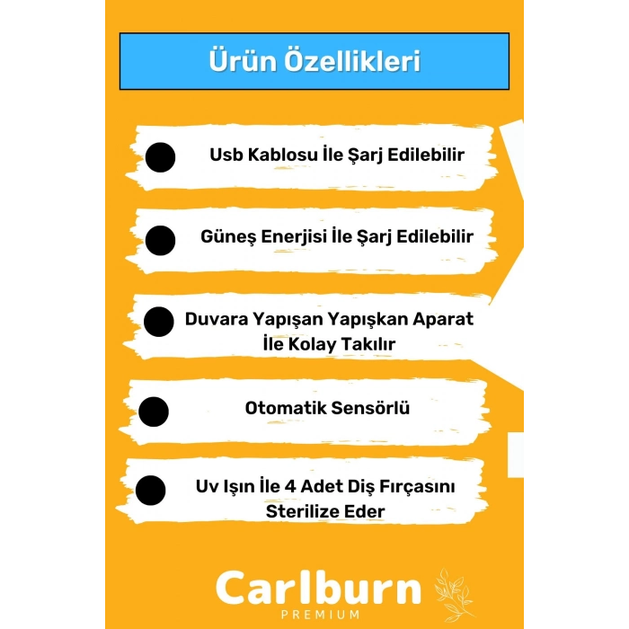 Premium Usb Şarjlı Güneş Enerjili Otomatik Diş Macun Sıkacağı Sterilizatörlü 4 Adet Fırçalığı Tutucu