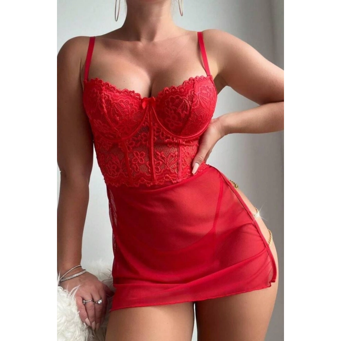 Özel Kreasyon Kırmızı Fantezi Şık Rahat Transparan İnce Tül Tanga Zincir Aksesuarlı Kadın Gecelik