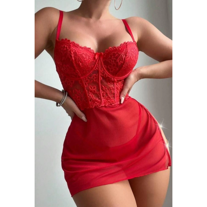 Özel Kreasyon Kırmızı Fantezi Şık Rahat Transparan İnce Tül Tanga Zincir Aksesuarlı Kadın Gecelik