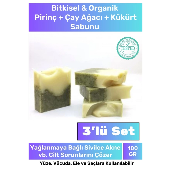 3lü Fırsat %100 Doğal Cilt Lekeleri Için Sabun Seti Kokulu Pirinç + Çay Ağacı + Kükürt Sabunu