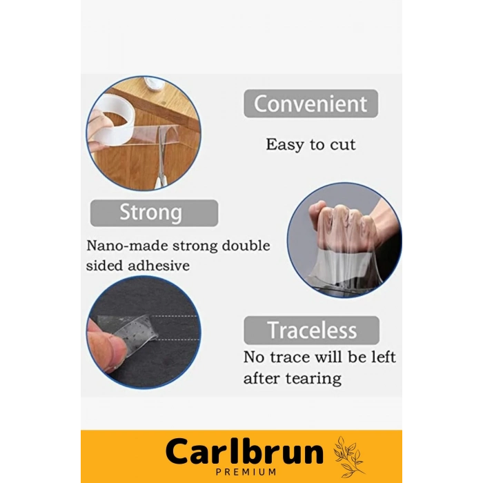 Deluxe Ultra Süper Güçlü Yüksek Mukavemetli Nano Teknolojili Çift Taraflı Şeffaf 3 mt Bant 5 Adet