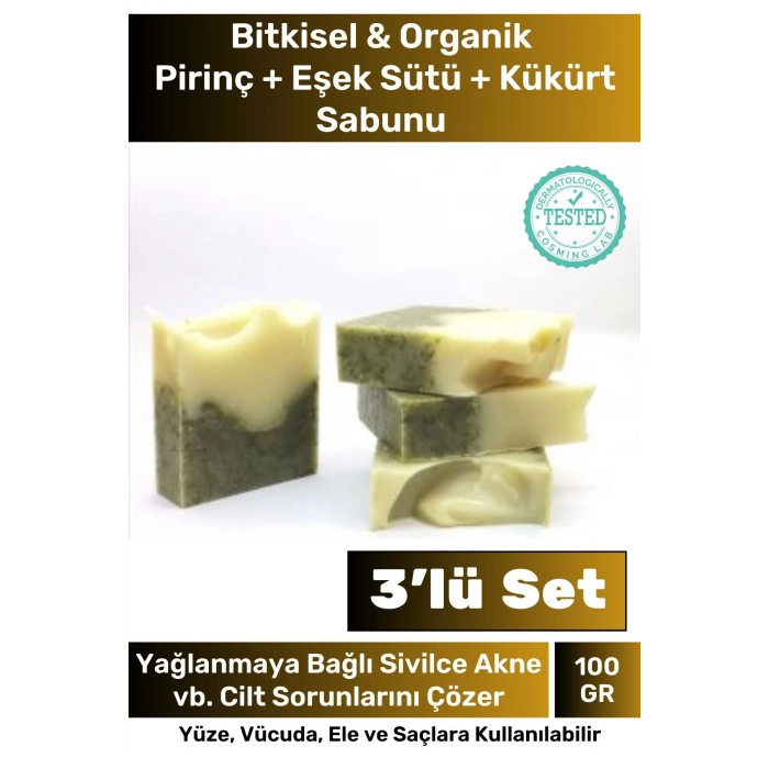 3lü Fırsat %100 Doğal Beyazlatıcı Sabun Paketi Pirinç + Eşek Sütü + Kükürt Kalıp Yüz & Cilt Sabunu