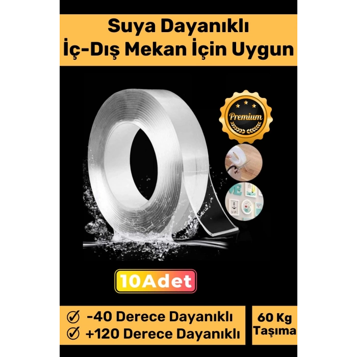 Ultra Süper Güçlü Yüksek Mukavemetli Nano Teknolojili Çift Taraflı Şeffaf 3 mt Bant 10 Adet