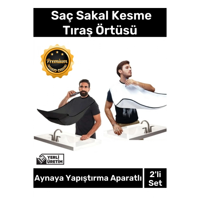 Premium Pratik Vakumlu Aynaya Yapıştırma Aparatlı Evde Saç Sakal Kesme Siyah- Beyaz Set Tıraş Örtüsü