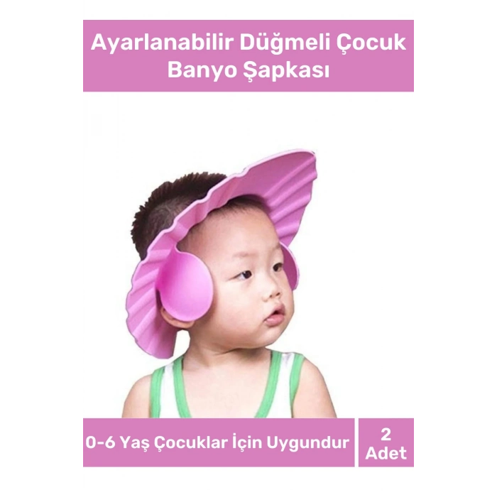 Bebek Duş Başlığı Ayarlanabilir Düğmeli Çocuk Küvet Göze Su Kaçırmayan Pembe Banyo Şapkası - 2 Adet