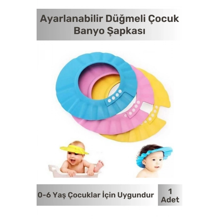 Ayarlanabilir Düğmeli Bebek Duş Başlığı Çocuk Küvet Göze Su Kaçırmayan Unisex 2li Banyo Şapka Seti