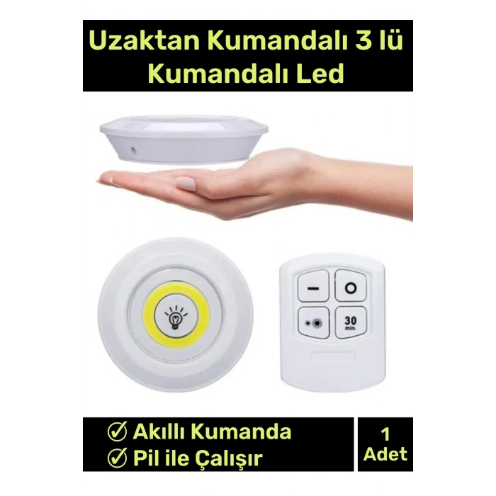 Özel Av Kamp Ev Okul Araba Otel Pilli Uzaktan Kumandalı Yapışkanlı Dayanıklı 3Lü Led Spot 1 Adet