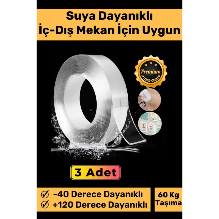 Deluxe Ultra Süper Güçlü Yüksek Mukavemetli Nano Teknolojili Çift Taraflı Şeffaf 3 mt Bant 3 Adet