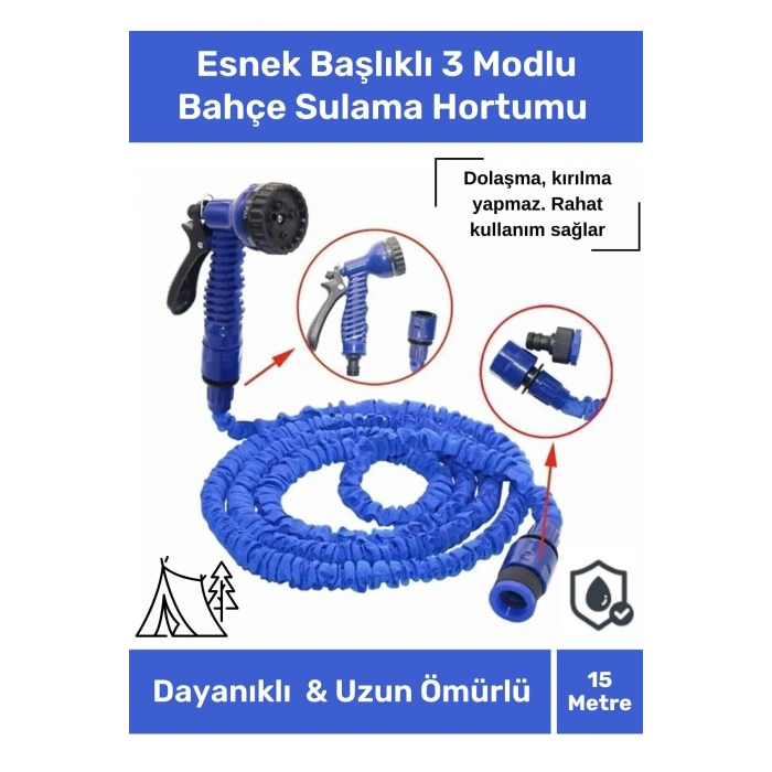 Özel Üretim Dolaşmaz Kırılmaz 7 Kademeli Uzayan Bahçe Sulama Araç Yıkama Tabancalı 15 Metre Hortum