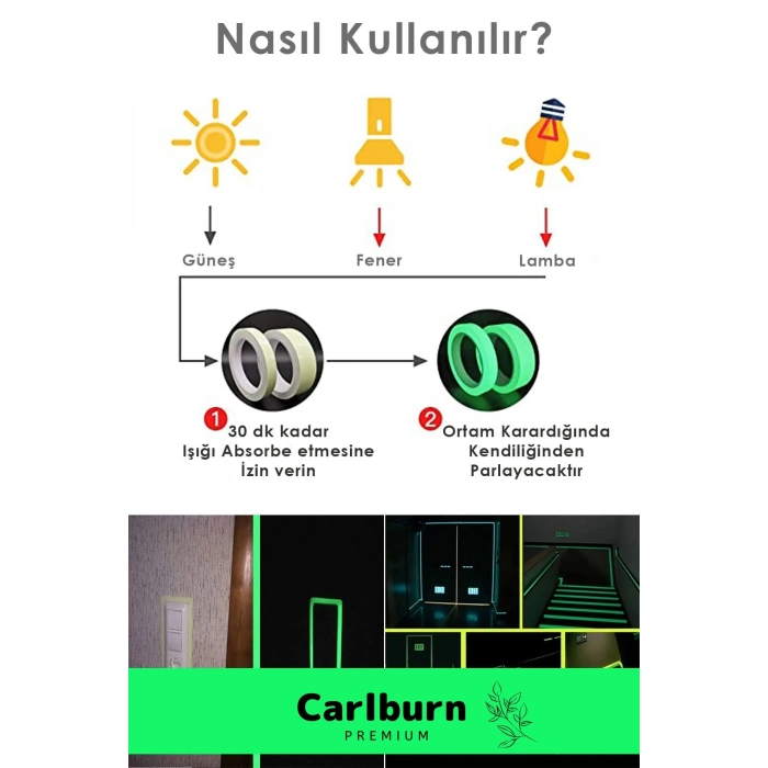 Karanlıkta Işık Veren Yansıyan 8 Metre Fosforlu Yeşil Şerit Bant Kendinden Yapışkanlı Reflektör Bant