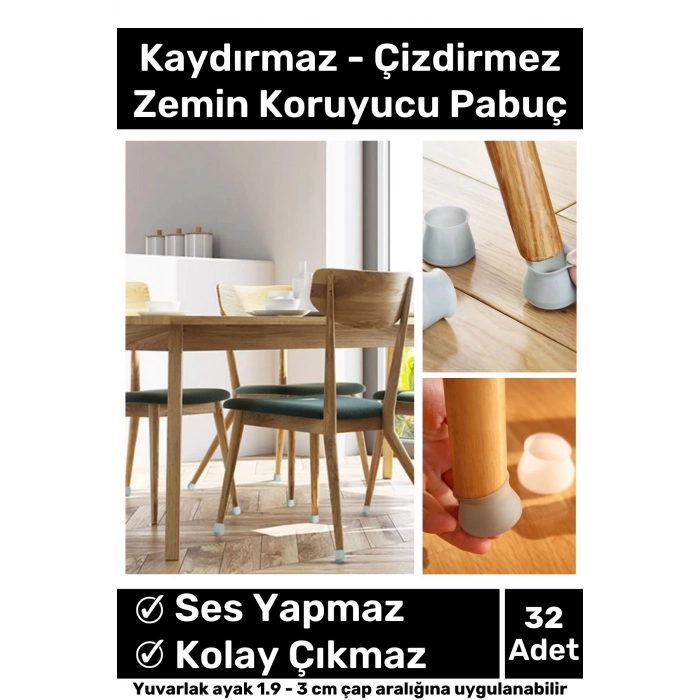 Premium Kaydırmaz Çizdirmez Mobilya Masa Sandalye Zemin Koruyucu Silikon Pabuç Ayak Kılıf 32 Adet