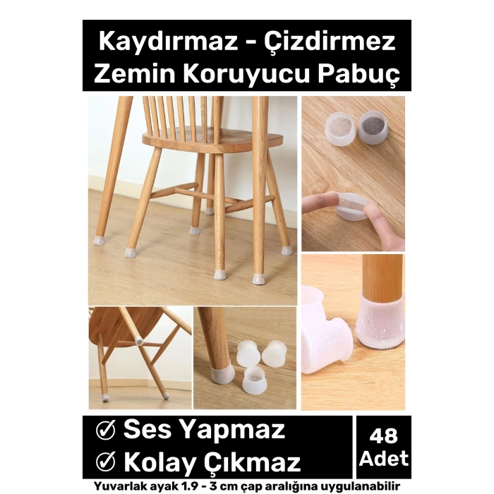 Premium Kaydırmaz Çizdirmez Mobilya Masa Sandalye Zemin Koruyucu Silikon Pabuç Ayak Kılıf 48 Adet