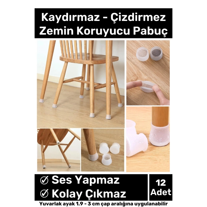 Premium Kaydırmaz Çizdirmez Mobilya Masa Sandalye Zemin Koruyucu Silikon Pabuç Ayak Kılıf 12 Adet