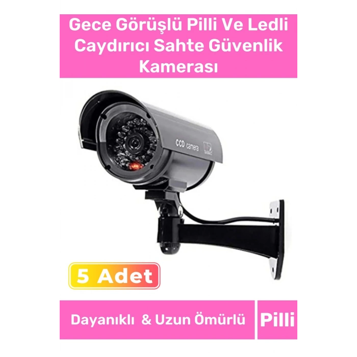 Özel Ev Apartman Bahçe İş Yeri Gece Görüşlü Pilli Ledli Caydırıcı Sahte Güvenlik Kamerası 5li Set
