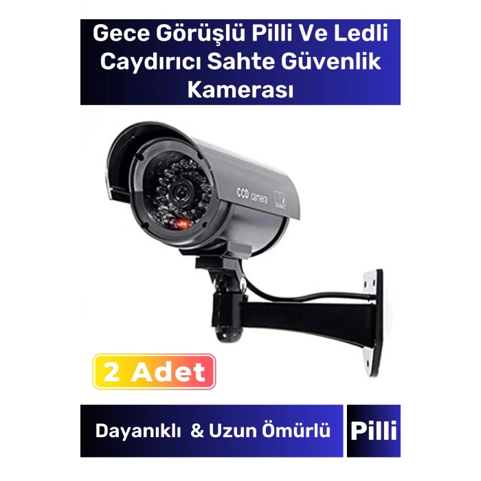 Özel Ev Apartman Bahçe İş Yeri Gece Görüşlü Pilli Ledli Caydırıcı Sahte Güvenlik Kamerası 2li Set