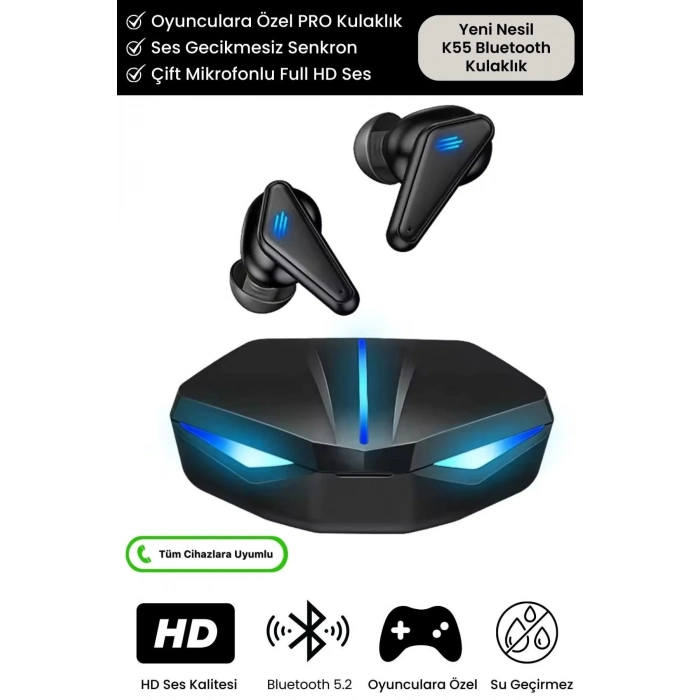 Özel RGB Işıklı K55 Tws Pro Extra Bass Mikrofonlu 3D Stereo Ses Bluetooth Kablosuz Oyuncu Kulaklık