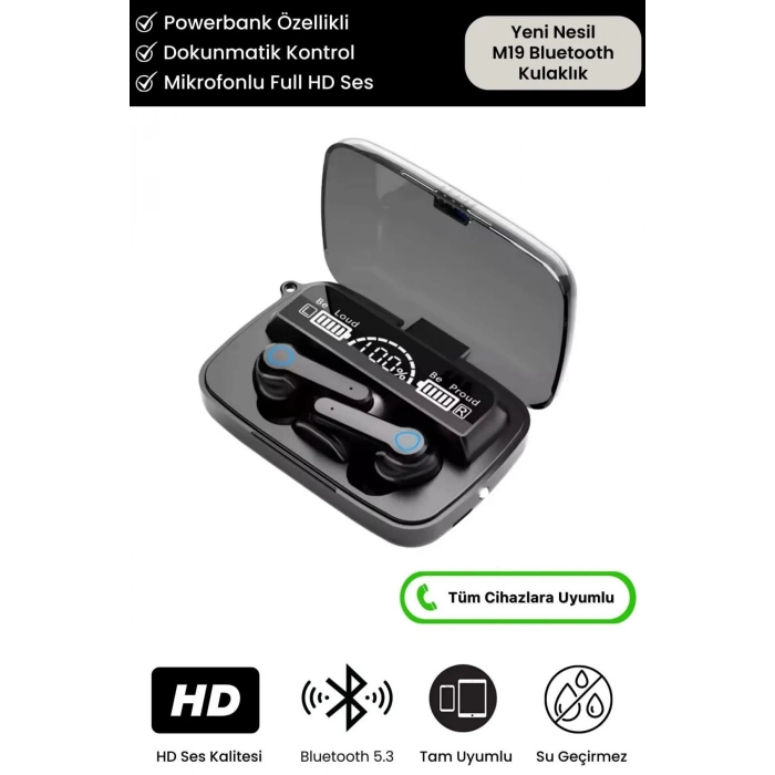 Dijital Göstergeli Powerbanklı M19 Gaming HD Hi-Fi Ses Dokunmatik 5.3 Mikrofonlu Kablosuz Kulaklık