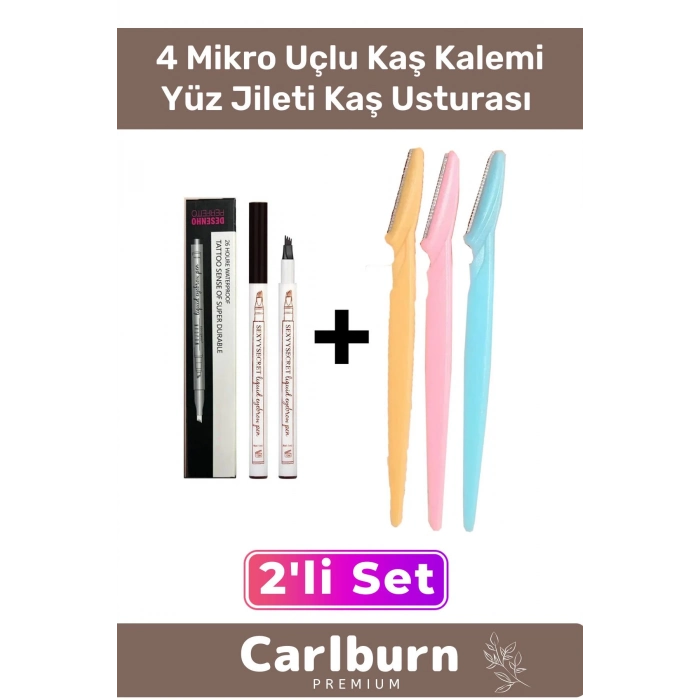 Özel Üretim Siyah Kaş Kalemi Suya Dayanıklı Kalıcı 4 Uçlu Kaş Kalemi Ve 3lü Yüz Jileti Kaş Usturası