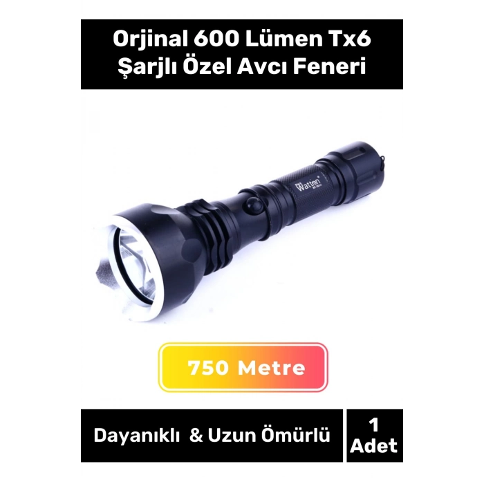 Deluxe Seri 250 Metre Beyaz Işık Güçlü Aydınlatma  600 Lümen Tx6 Şarjlı Özel Avcı Feneri