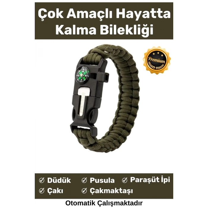Özel Üretim Kiti Düdük Çakı Pusula Çakmaktaşı Paraşüt İpi Rahat Çok Amaçlı Hayatta Kalma Bilekliği