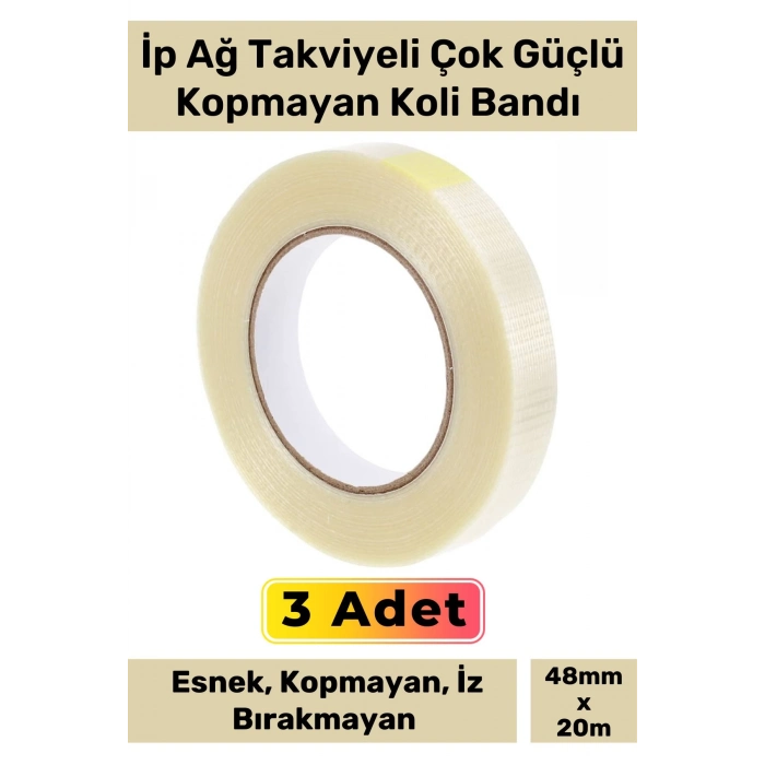 Özel Üretim İz Bırakmayan Yüksek Mukavemetli Çok Güçlü Ağ İp Takviyeli Kopmaz Koli Bandı - 3 Adet
