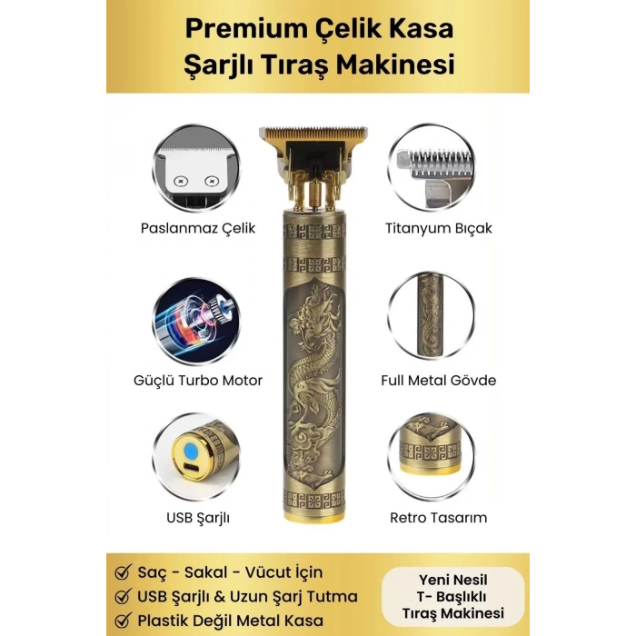 Premium Çelik Kasa Profesyonel Şarjlı Saç Sakal Ense Çizim Lazer Öncesi Tüm Vücut Tıraş Makinesi