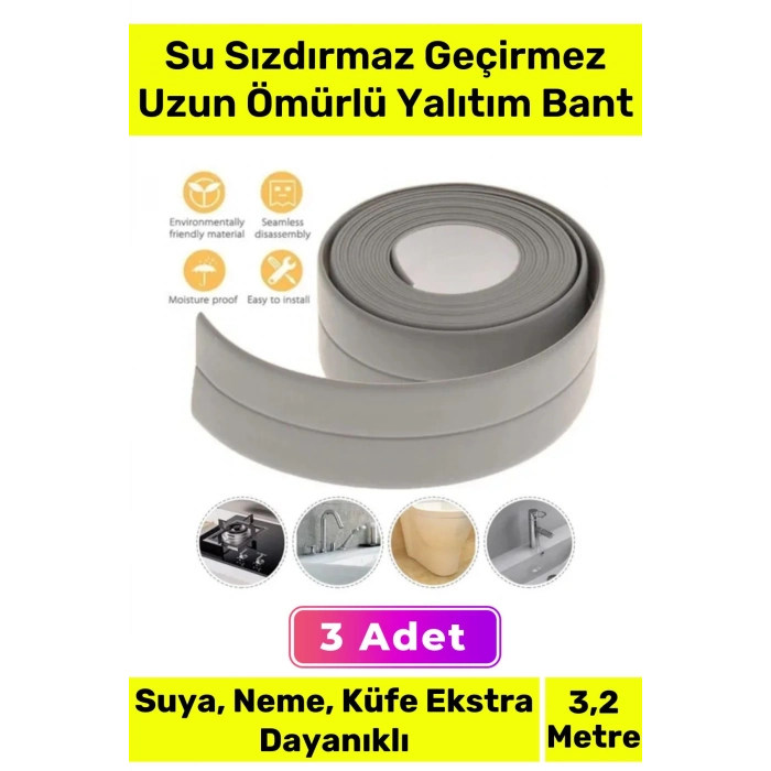 Ekstra Güçlü Su Geçirmez Sızdırmaz Dayanıklı Yalıtım Tamir Küf Önleyici Gri Bant 3.2m - 3 Adet