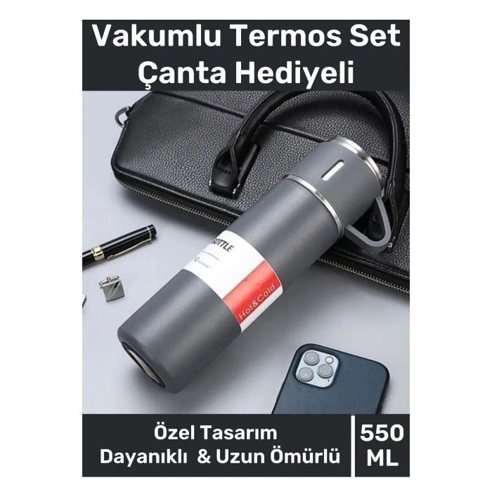 Özel Üretim Paslanmaz Çelik 3 Bardaklı Soğuk Sıcak Termos Vakumlu Termos Set Çanta Hediyeli 550 Ml
