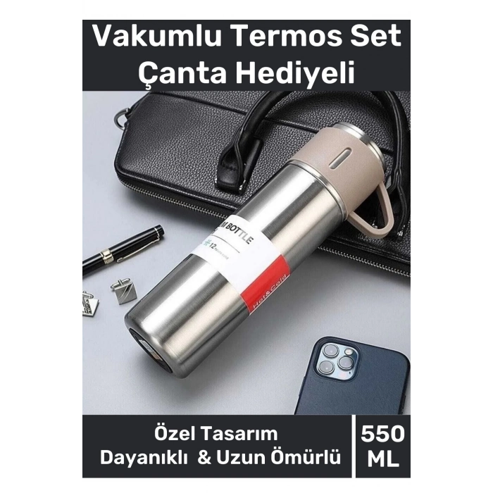 Özel Üretim Paslanmaz Çelik 3 Bardaklı Soğuk Sıcak Termos Vakumlu Termos Set Çanta Hediyeli 550 Ml
