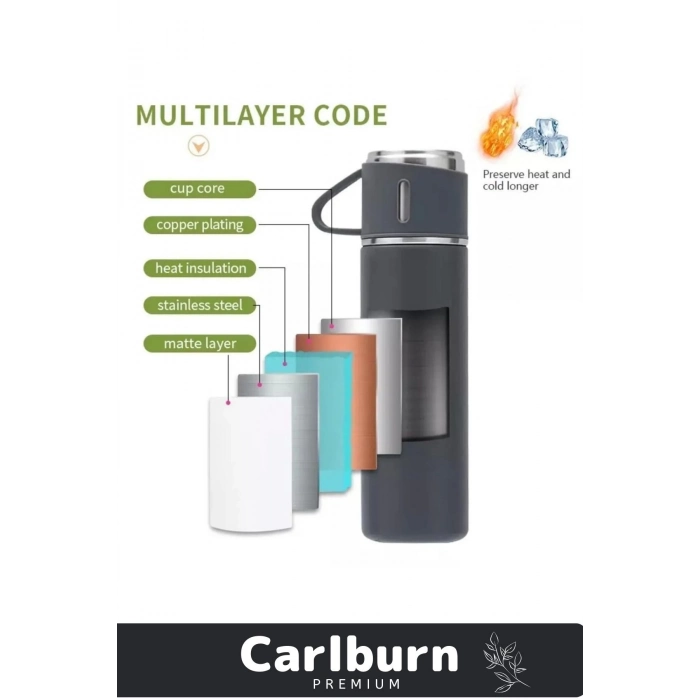 Özel Üretim Paslanmaz Çelik 3 Bardaklı Soğuk Sıcak Termos Vakumlu Termos Set Çanta Hediyeli 550 Ml