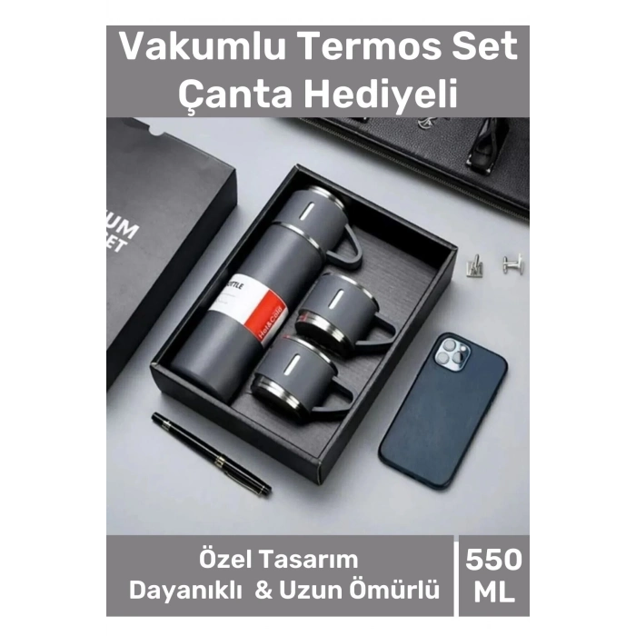 Özel Üretim Paslanmaz Çelik 3 Bardaklı Soğuk Sıcak Termos Vakumlu Termos Set Çanta Hediyeli 550 Ml