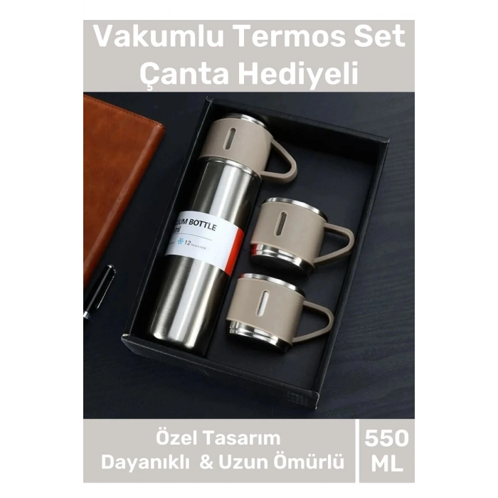 Özel Üretim Paslanmaz Çelik 3 Bardaklı Soğuk Sıcak Termos Vakumlu Termos Set Çanta Hediyeli 550 Ml