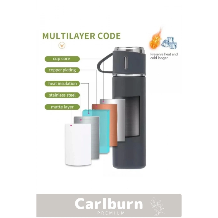 Özel Üretim Paslanmaz Çelik 3 Bardaklı Soğuk Sıcak Termos Vakumlu Termos Set Çanta Hediyeli 550 Ml