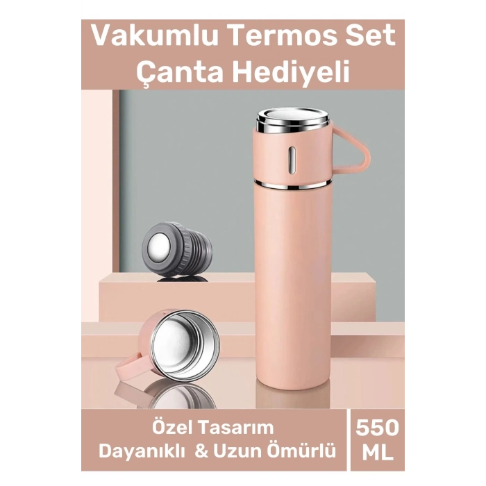 Özel Üretim Paslanmaz Çelik 3 Bardaklı Soğuk Sıcak Termos Vakumlu Termos Set Çanta Hediyeli 550 Ml