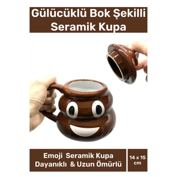 Premium Özel Tasarım Hediye Kutulu Gülücüklü Bok Şekilli Seramik Kupa 14 x 15 cm Emoji Bardak