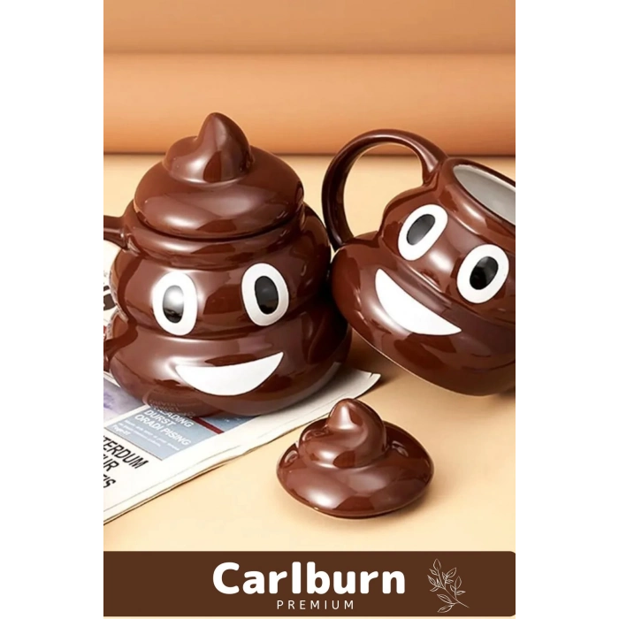 Premium Özel Tasarım Hediye Kutulu Gülücüklü Bok Şekilli Seramik Kupa 14 x 15 cm Emoji Bardak