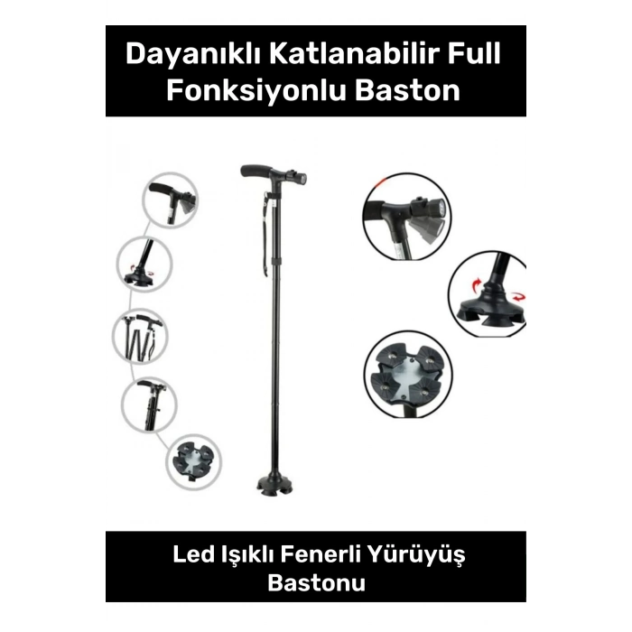 Kolay Açılıp Kapanan Dayanıklı Katlanabilir Full Fonksiyonlu Led Işıklı Fenerli Yürüyüş Bastonu