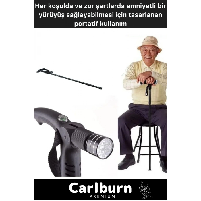 Kolay Açılıp Kapanan Dayanıklı Katlanabilir Full Fonksiyonlu Led Işıklı Fenerli Yürüyüş Bastonu