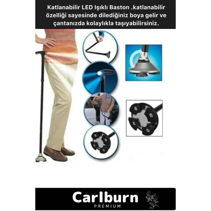 Kolay Açılıp Kapanan Dayanıklı Katlanabilir Full Fonksiyonlu Led Işıklı Fenerli Yürüyüş Bastonu