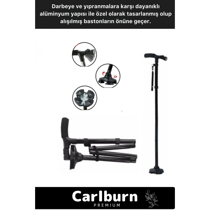 Kolay Açılıp Kapanan Dayanıklı Katlanabilir Full Fonksiyonlu Led Işıklı Fenerli Yürüyüş Bastonu