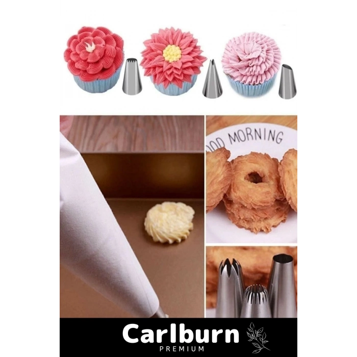 Premium Seri Paslanmaz Çelik Uçlu Pasta Kek Süsleme Torbası Krema Sıkma Seti 10 Parça