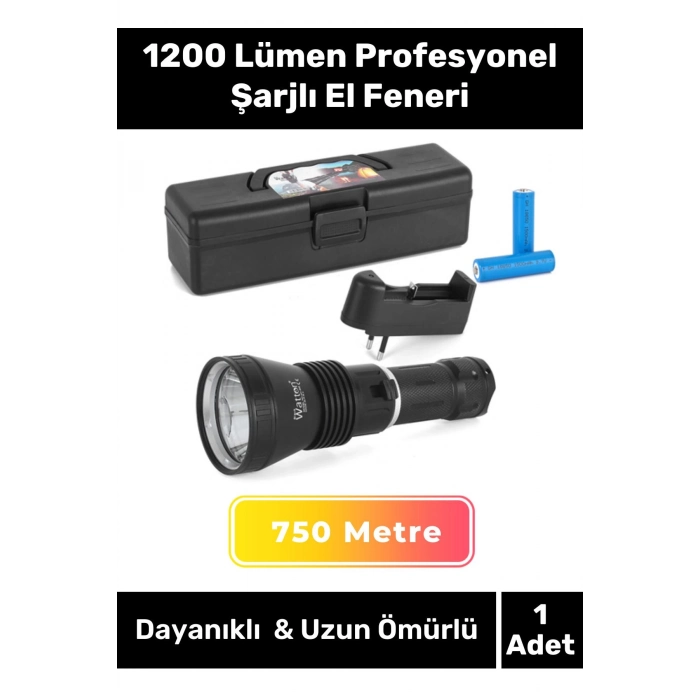 Premium Seri 750 Metre Menzilli Ultra Yüksek Aydınlatma 1200 Lümen Profesyonel Şarjlı El Feneri