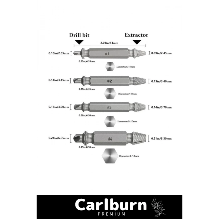 Premium 4 Başlıklı Paslanmaz Çelik Hasarlı Bozuk Vida Çıkarıcı Hasar Görmüş Vida Sökme Seti