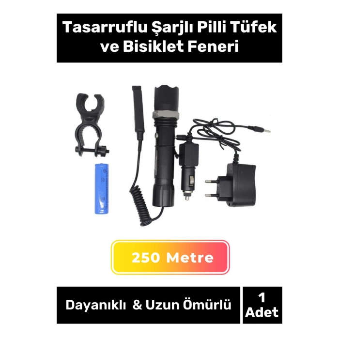 Özel Üretim 3 Modlu Beyaz Işıklı Alüminyum Tasarruflu Şarjlı Pilli Tüfek ve Bisiklet Feneri